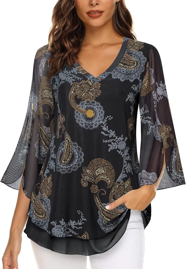 Timeson Women's 3/4 Sleeve Floral Blouses Shirts Double Layers V Neck Dressy Tunics Tops