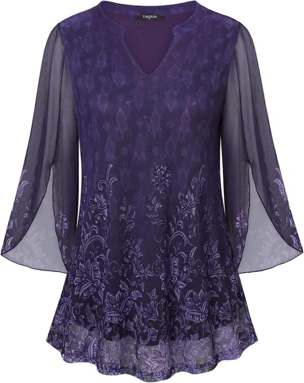 VALOLIA Women's 3/4 Sleeve Floral Tunic Tops V Neck Double Layers Loose Fit Mesh Blouses Shirt - Image 2