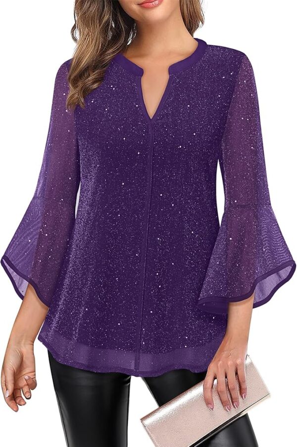 VALOLIA Women's 3/4 Sleeve Dressy Blouses Shirts Casual Loose Fit Mesh Layered Flowy Tunic Tops