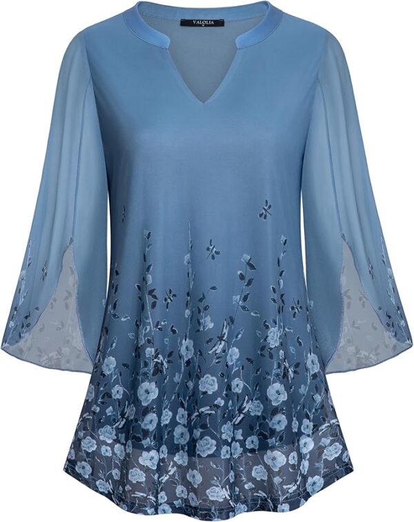 VALOLIA Women's 3/4 Sleeve Floral Tunic Tops V Neck Double Layers Loose Fit Mesh Blouses Shirt - Image 2