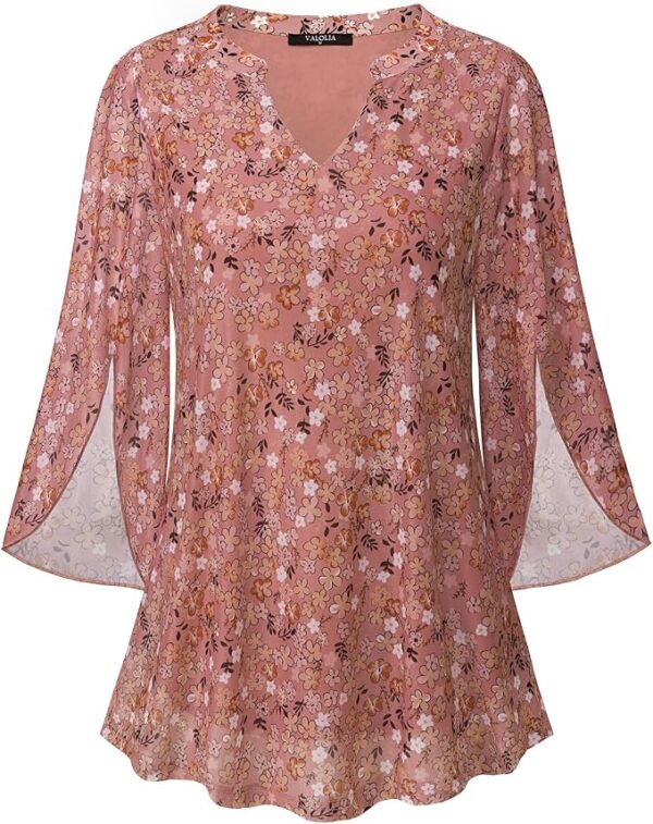 VALOLIA Women's 3/4 Sleeve Floral Tunic Tops V Neck Double Layers Loose Fit Mesh Blouses Shirt - Image 2