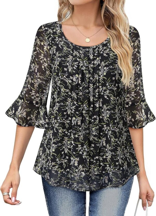 VALOLIA Womens 3/4 Sleeve Blouses Tops Dressy Casual Chiffon Pleated Embroidery Layered Shirts