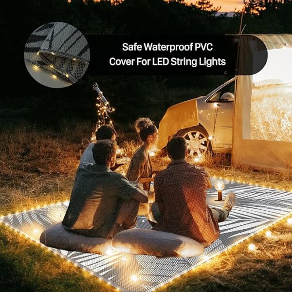 GENIMO Outdoor Rug 6' x 9' Waterproof for Patios Clearance, Reversible Outdoor Plastic Straw Camping Rug Carpet with LED String Light, Area Rugs Mats for RV, Camper, Deck, Balcony, Porch, Grey&White - Image 2
