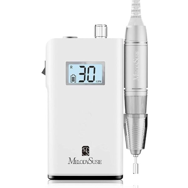 MelodySusie Professional Rechargeable 30000 rpm Nail Drill,SC320H Portable Electric E File Scamander, Acrylic Gel Grinder Tools with 6 Bits and Sanding Bands for Manicure Pedicure Carve Polish (White)
