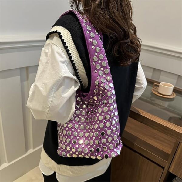 Women's Studded Y2k Hobo Bag 90s Punk Crescent Shoulder Purse Soft PU Leather Tote Handbag - Image 2