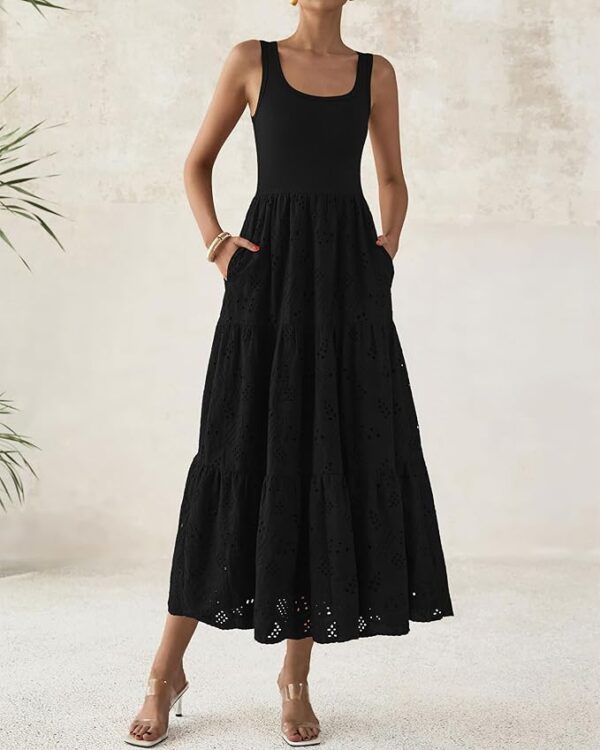 BTFBM Women Summer Eyelet Midi Dresses Casual Spring 2025 Sleeveless A Line Flowy Vacation Beach Wedding Guest Sun Dress - Image 2