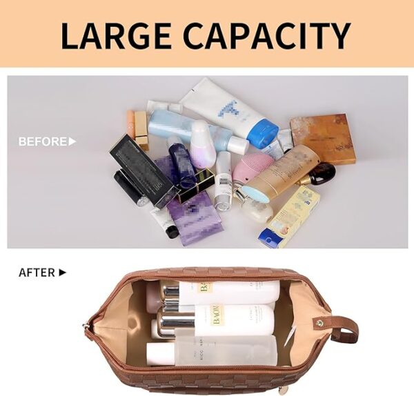 Abiudeng Large Capacity Makeup Bag Ladies Cosmetic Bag Travel Bag with Compartments Portable PU Leather Travel Makeup Bag with Handle - Image 2