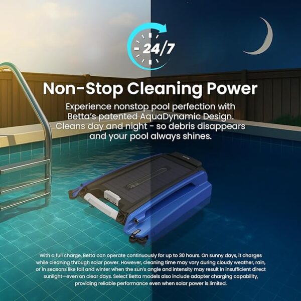 Betta SE Solar Powered Automatic Robotic Pool Surface Skimmer Cleaner with 24/7 Continuous Cleaning Battery Power and Re-Engineered Twin Salt Chlorine Tolerant Motors - Image 2