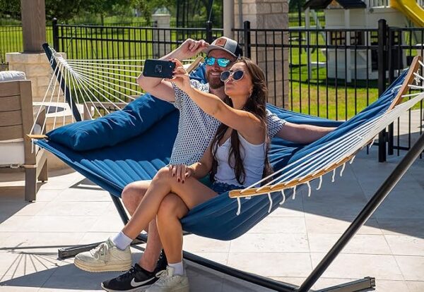 SUPERJARE Curved-Bar Hammock with Stand, 2 Person Heavy Duty Hammock Frame, Detachable Pillow & Portable Carrying Bag, Perfect for Outdoor & Indoor, Navy Blue - Image 2