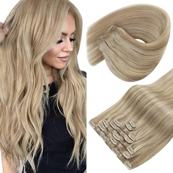 Sunny Hair Clip in Hair Extensions Straight Human Hair Clip in Extensions Remy Clip in Hair Extensions Real Human Hair Extensions Clip ins Golden Blonde Highlights Light Blonde 24inch