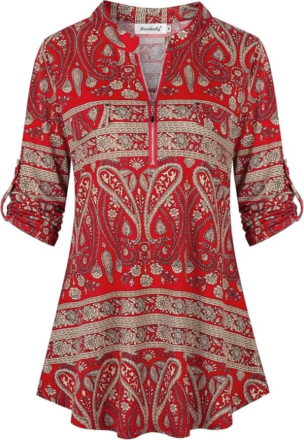 Ninedaily Women's 3/4 Sleeve Plaid Shirts Zip Floral Casual Tunic Blouse Tops