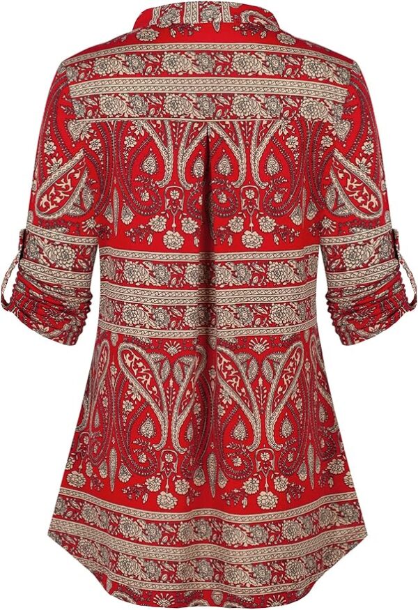 Ninedaily Women's 3/4 Sleeve Plaid Shirts Zip Floral Casual Tunic Blouse Tops - Image 2