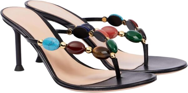 Women's Jewelled Thong Strappy Sandal Summer Mules Kitten Heels Flip Flop Round Open Toe Mid Heels Fashion Wedding Party Dress Thong Casual