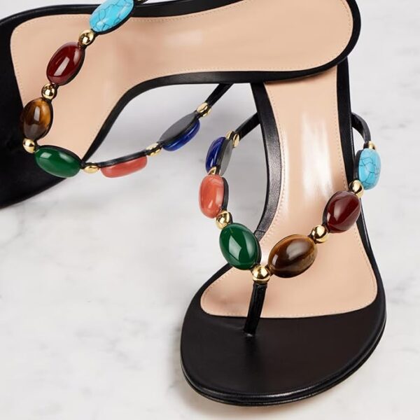 Women's Jewelled Thong Strappy Sandal Summer Mules Kitten Heels Flip Flop Round Open Toe Mid Heels Fashion Wedding Party Dress Thong Casual - Image 2