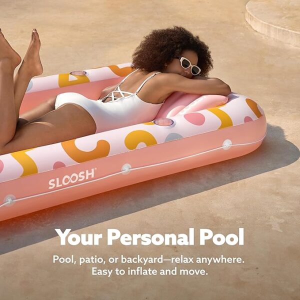 SLOOSH Inflatable Tanning Pool Lounger Float, 70" x 46" Pool Floats Adult with Pillow, 4 in 1 Suntan Tub Raft Floatie,Sunbathing Bed Lounge for Water Blow Up Ball Pit Party Gifts, Pink Doodle - Image 2